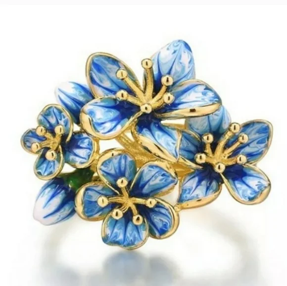 New Yellow Gold Blue Flowers Ring - Picture 2 of 4